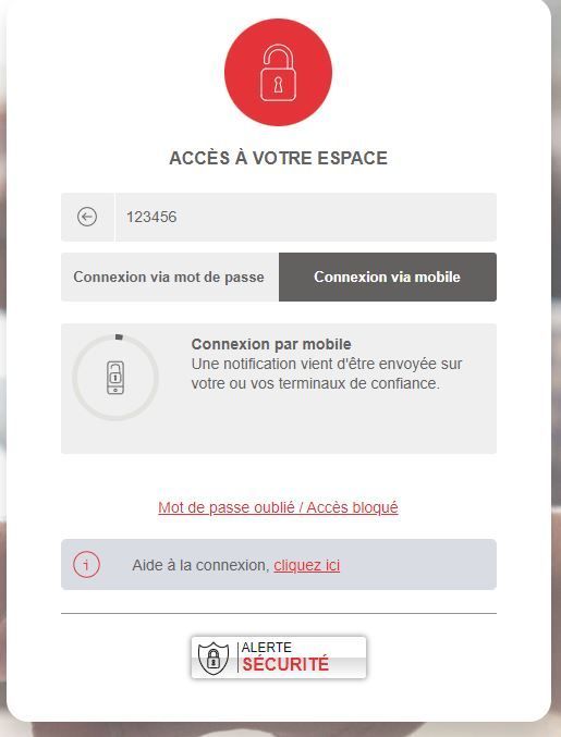 Fenêtre d'authentification (ou page d'authentification), le choix de connexion via mobile à la suite du champ d'identifiant